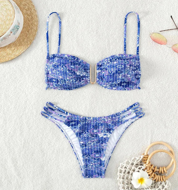 Women's floral bikini swimsuit in blue colour with high-waisted briefs style and nylon lining