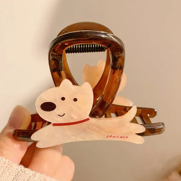 Cute cartoon puppy barrette grip hair clip in beige with puppy handle, 8cm and 13cm sizes available