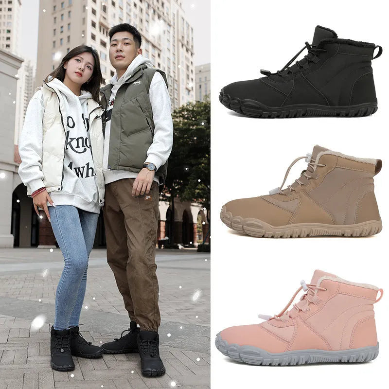 Unisex black waterproof snow boots with lace-up front and non-slip rubber sole