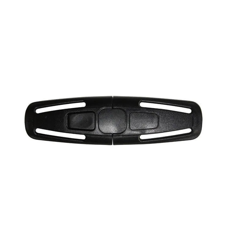 Black nylon seat belt clip for child car seat harnesses, shown at 14.5 cm long.
