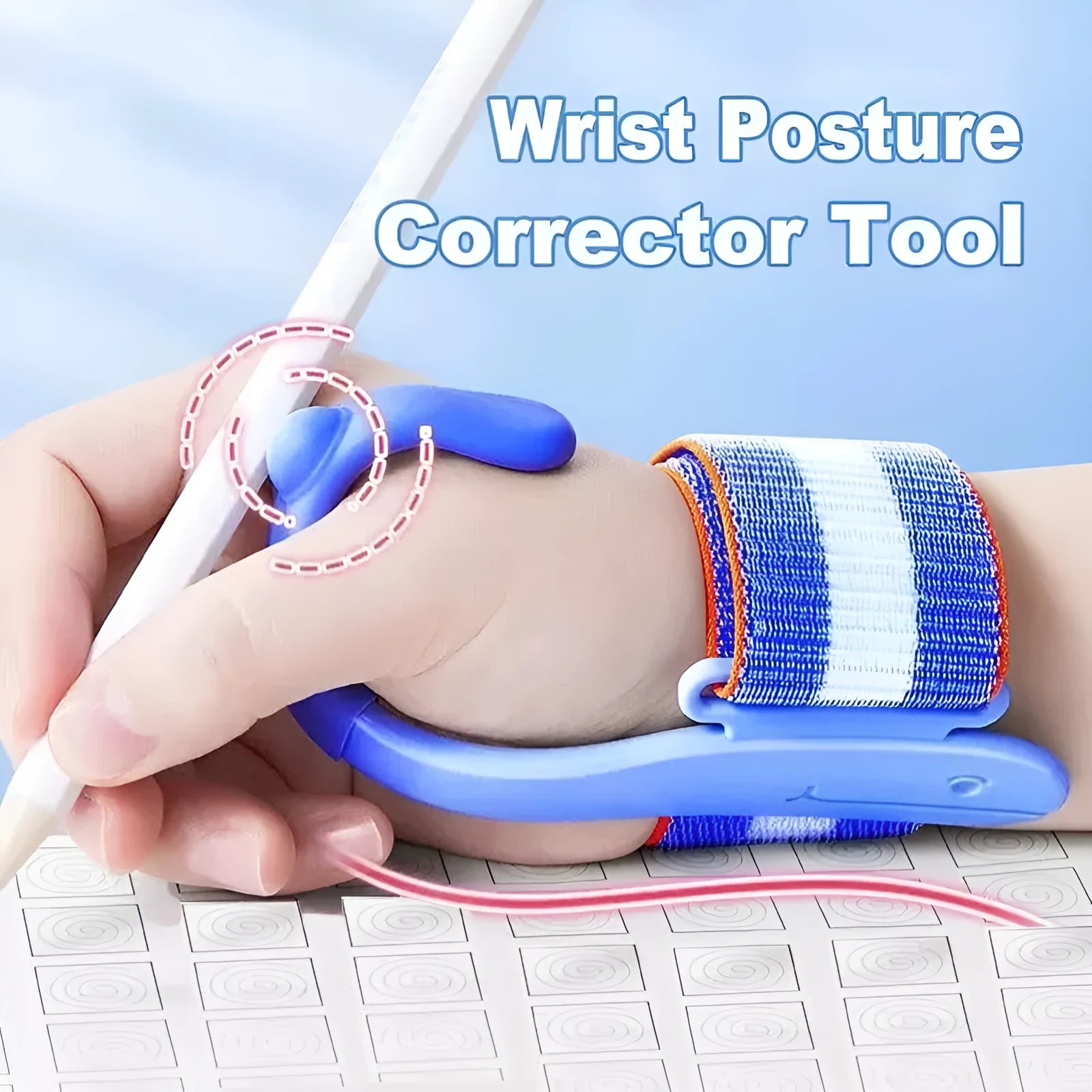 Blue anti-hook pen control corrector showing ABS nylon construction for handwriting improvement