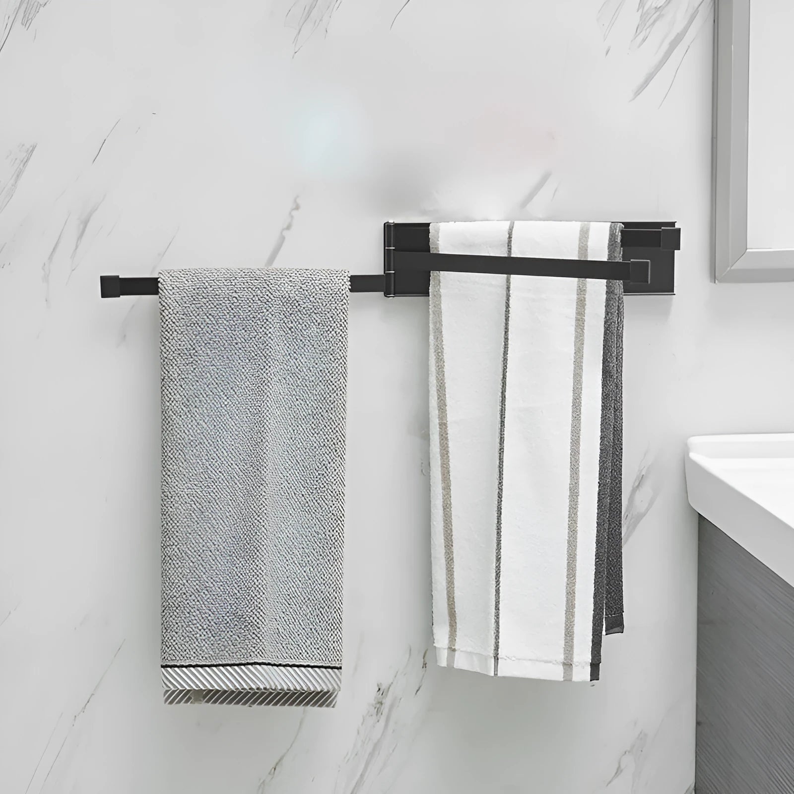 Nordic non-perforated folding towel bar in carbon steel with nail-free glue installation, black or white option