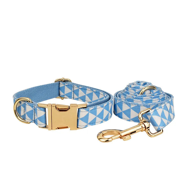 Blue triangular ring dog collar leash bow vest four-piece set on cloth material with size options XS to XL