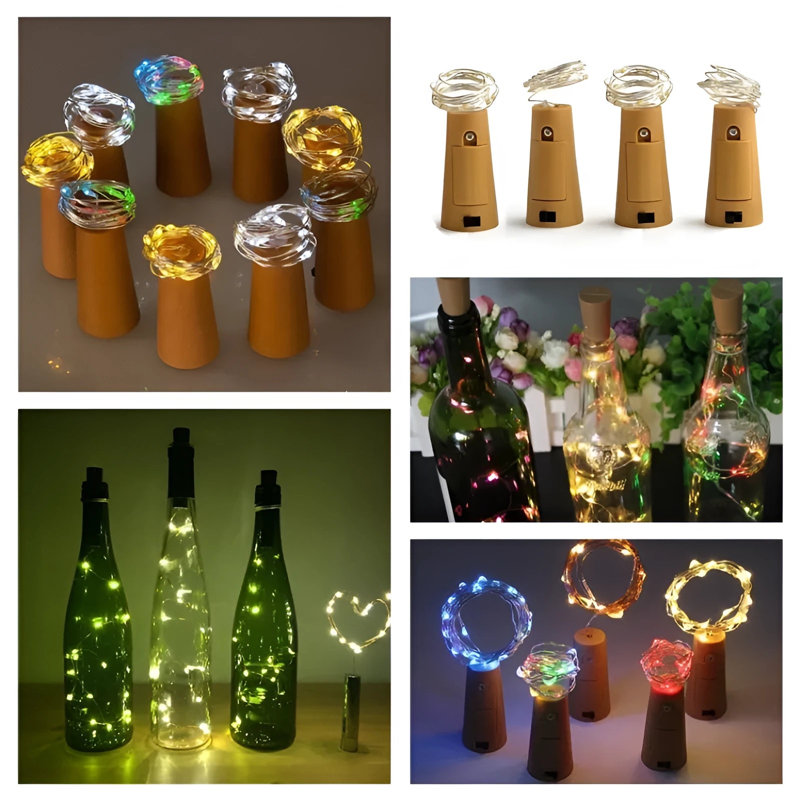 Silver wire LED string lights wrapped around wine bottle with warm white illumination