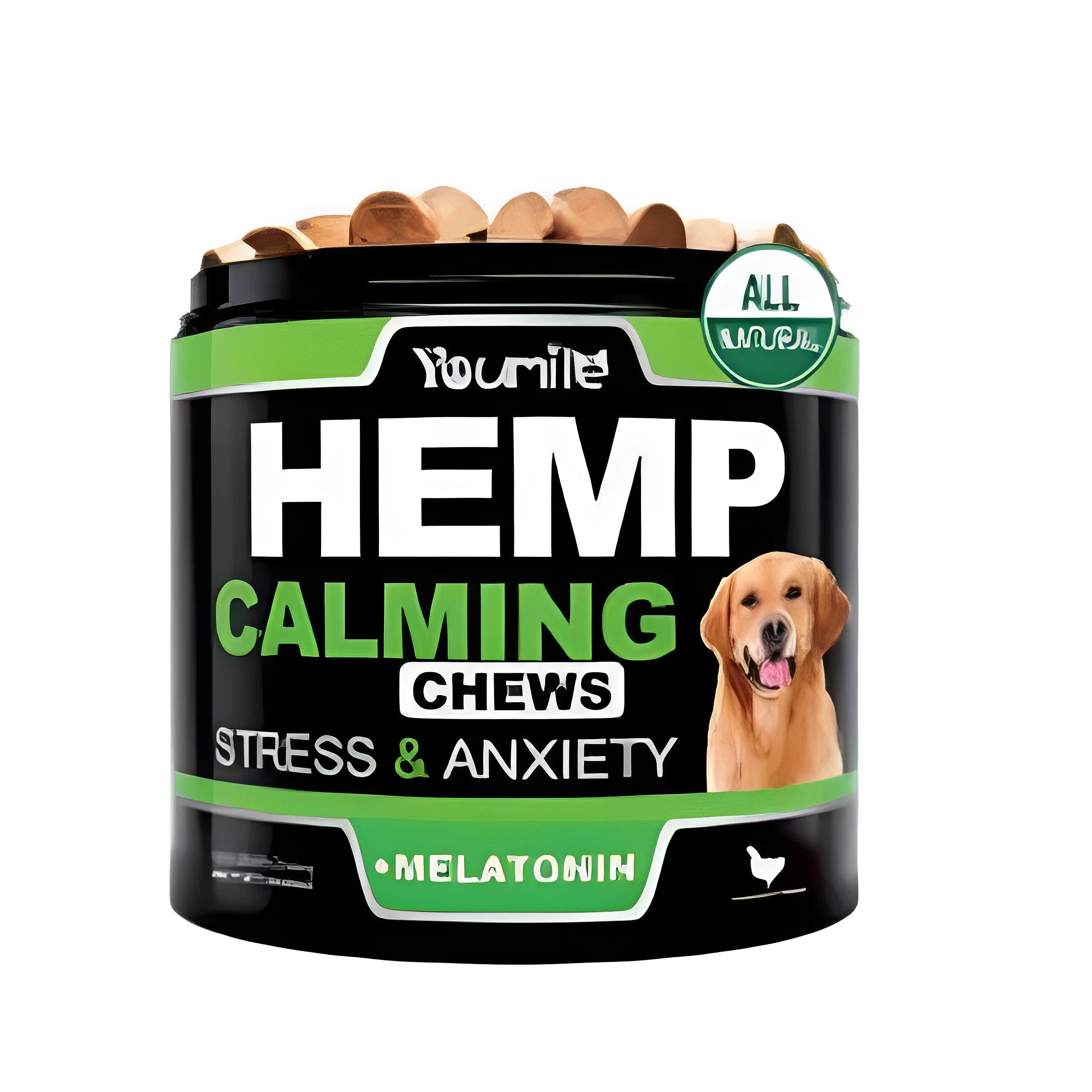 Calm Down And Chew 120 capsule health supplement bottle with chewable tablets for anxiety relief and focus.