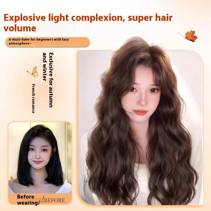 Female full-head wig with natural long curly hair and side bangs in high temperature fibre, Brown Black colour