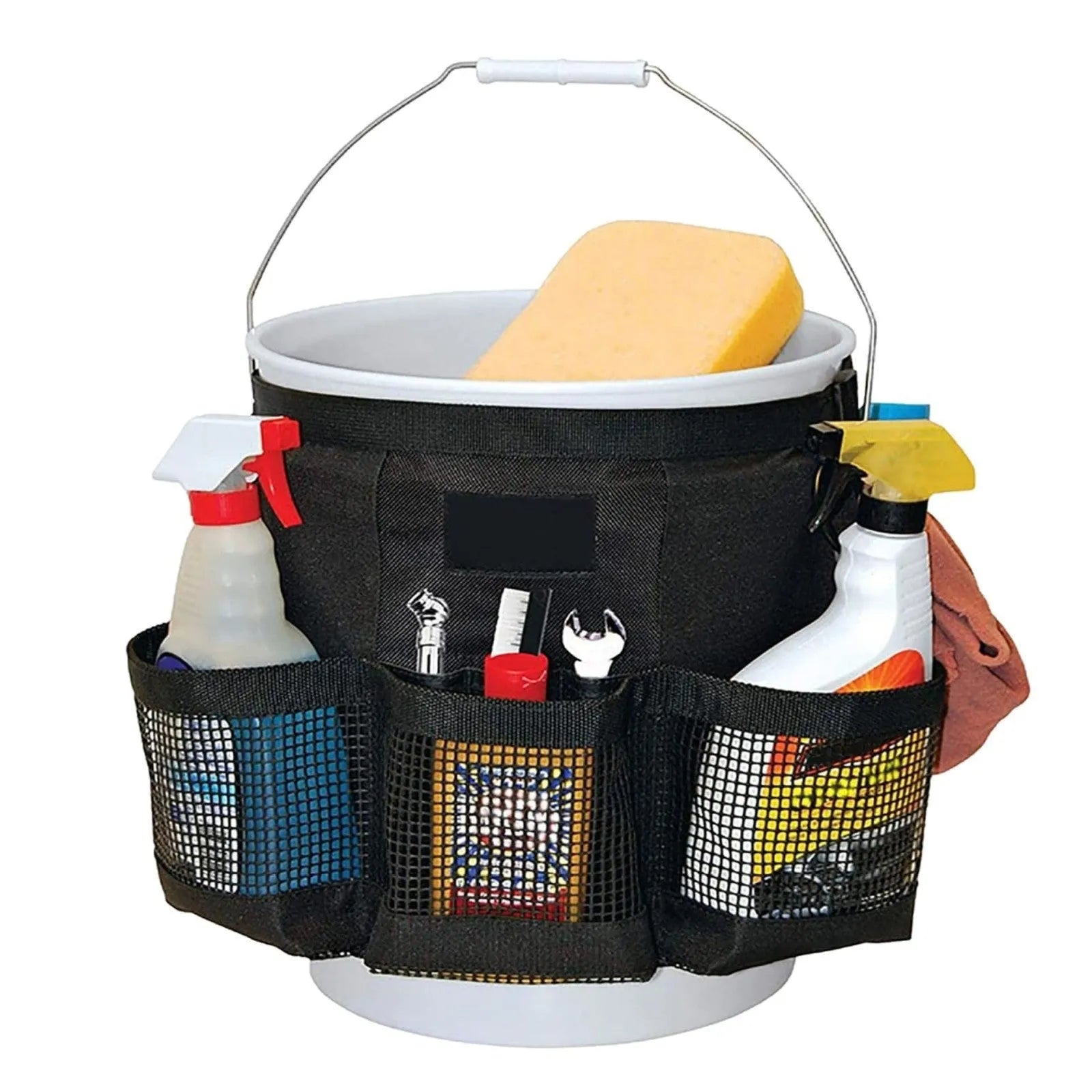 Black cylindrical hanging storage bag for 5 gallon barrels, car washing tools, and fishing tackle