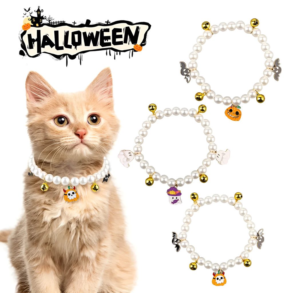 Halloween cat collar decoration with simulated pearl beads in pumpkin designs