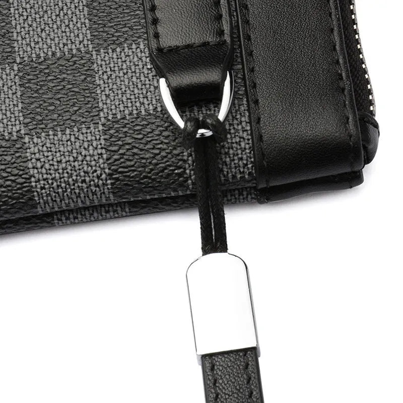 Men's black leather clutch wallet with 20x10cm dimensions and cowhide construction