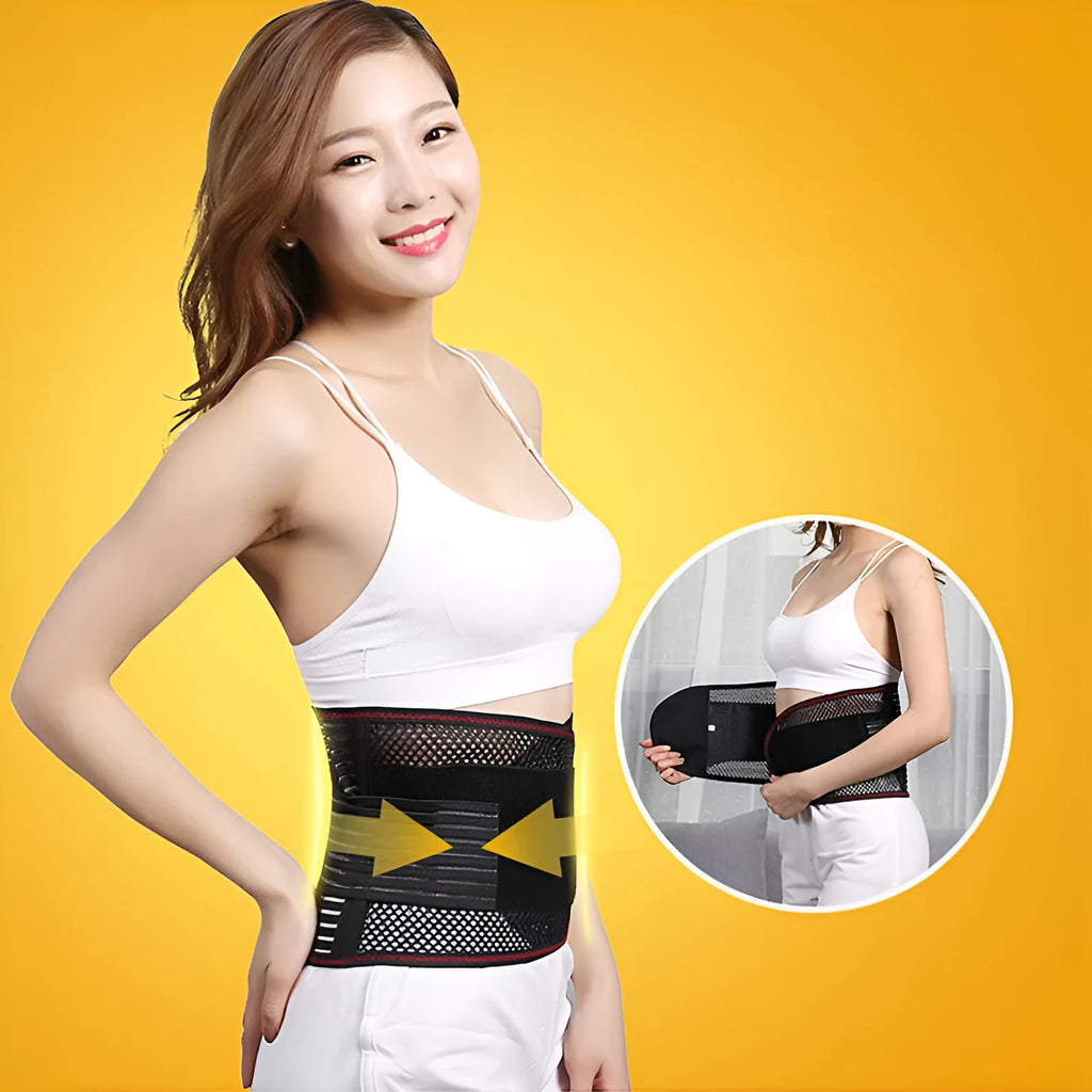 Black sports waist support lumbar brace with steel plate decompression system for adult fitness activities