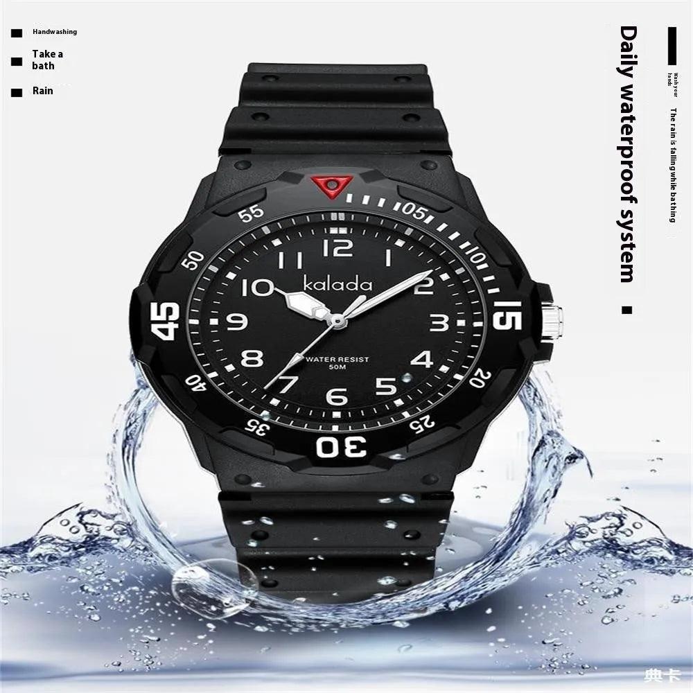 Men's sports luminous pointer quartz watch in black and green with date and week calendar display