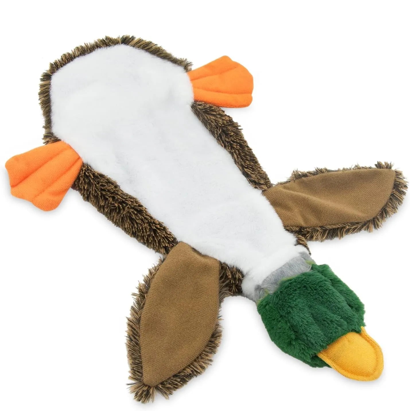 Green duck-shaped stuffless dog toy with squeakers and bottle insert opening