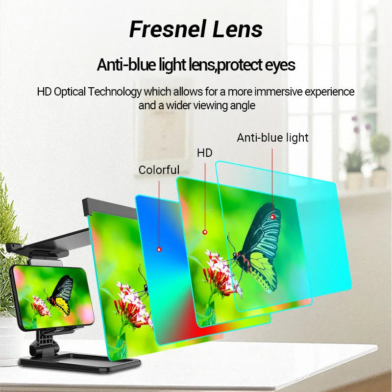 Black folding mobile phone screen amplifier with detachable holder showing 12-inch curved magnifier