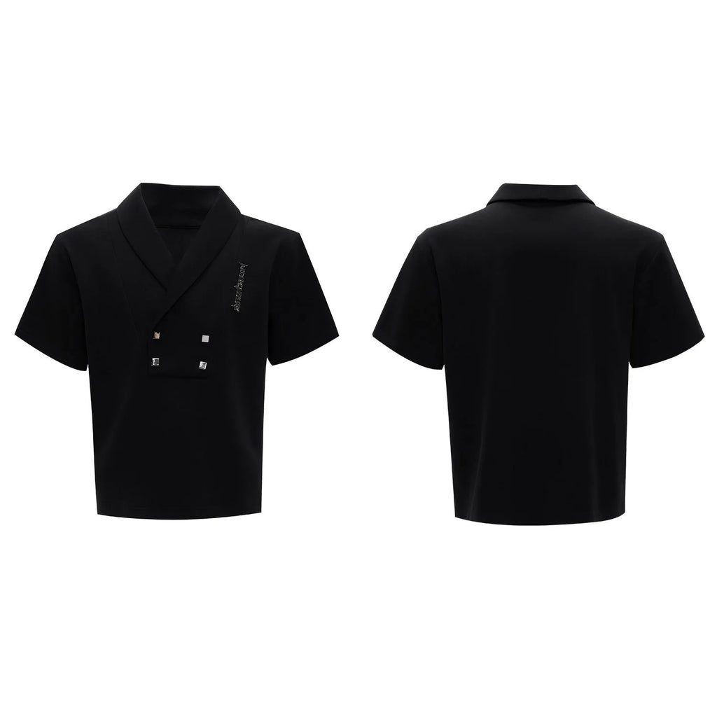 Men's dark grey V-neck sports suit with metal embellished jacket and matching athletic shorts