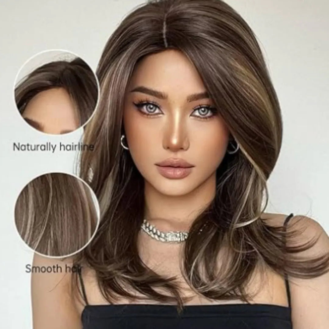 Mid-length full-head wig with long curly hair, bangs, and platinum gradient colour