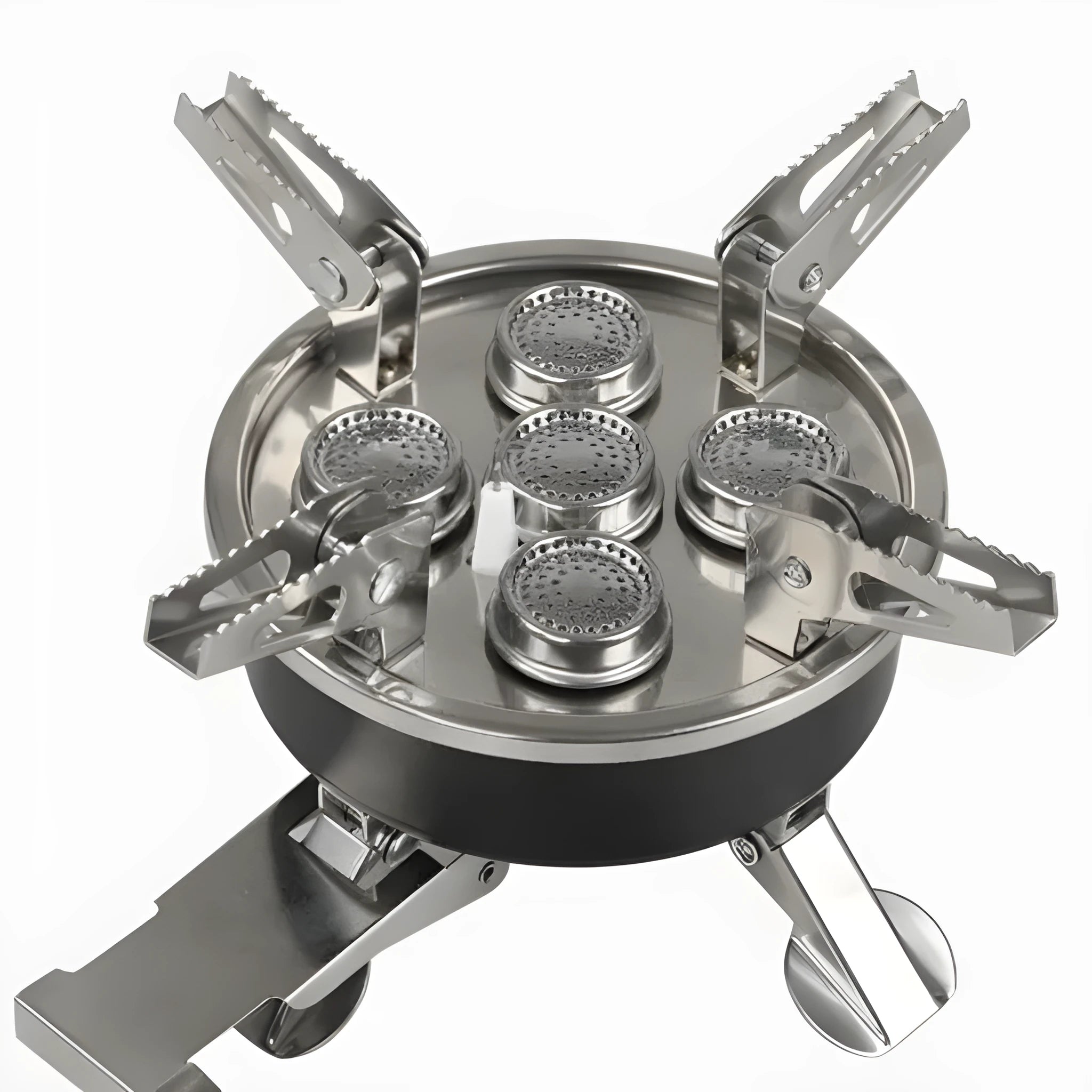 Silver portable split camping stove made of stainless steel and copper, shown in folded position.