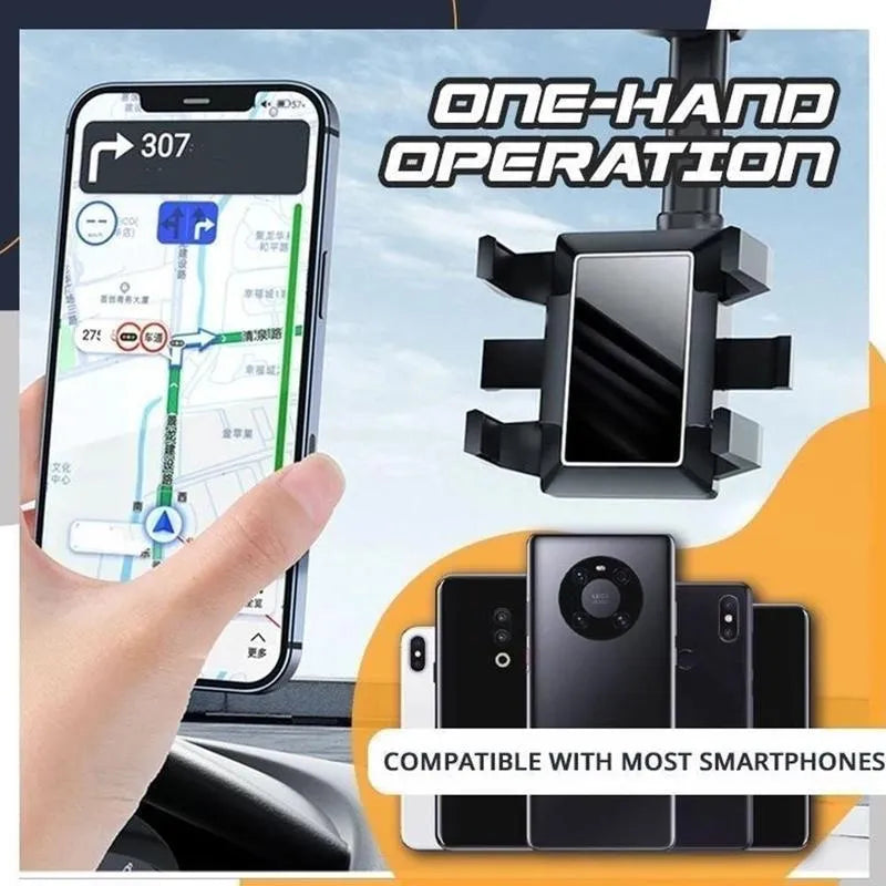 Black rearview mirror car phone holder with 360-degree rotation and telescopic arm extended