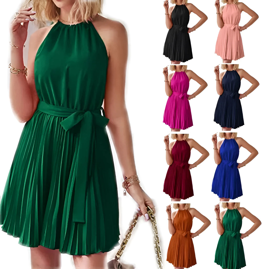 Women's black halter strapless sundress with pleated chiffon skirt and adjustable waist ties