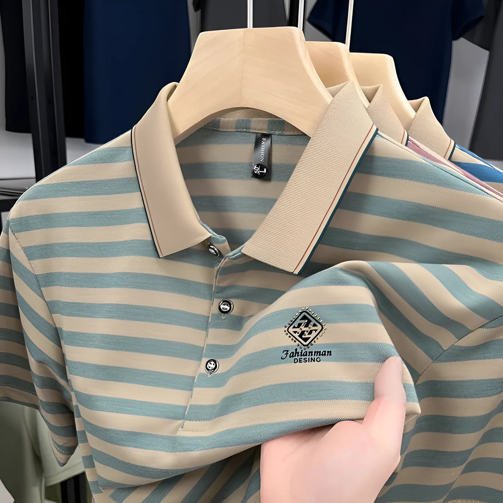 Men's striped casual short sleeve shirt with mosaic detailing in blue, shown on a model