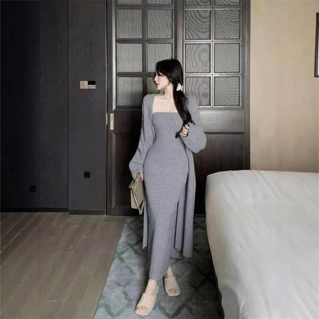 Women's grey knitted cardigan dress and coat suit set with flocking pattern detail