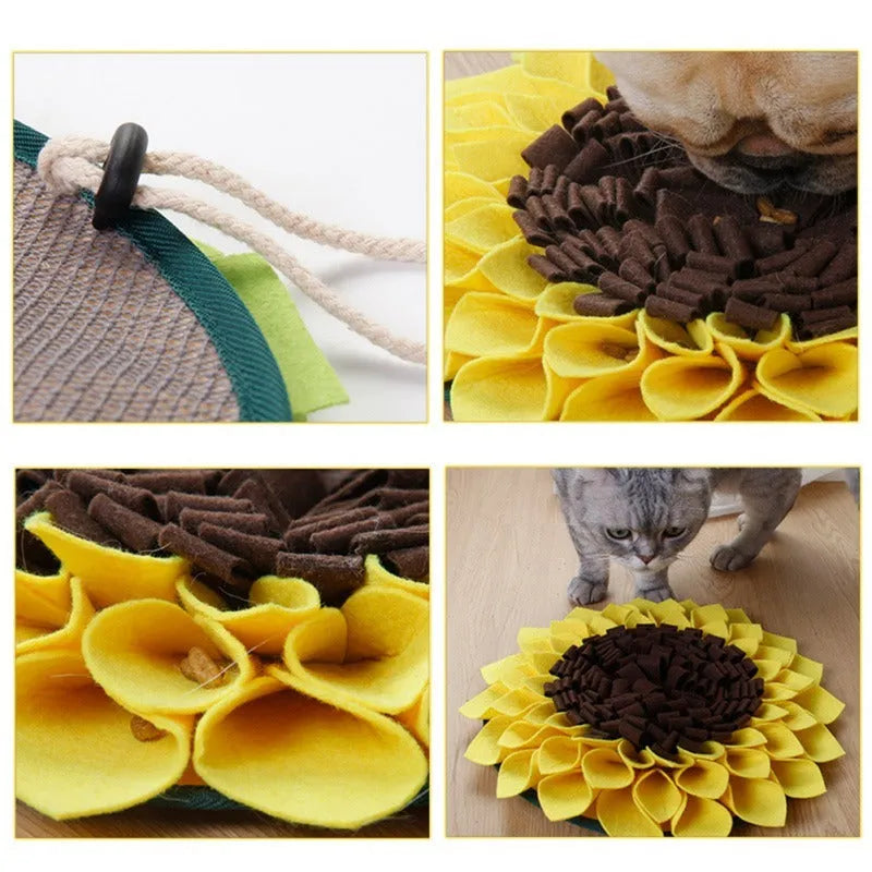 Yellow sunflower-shaped non-slip dog snuffle mat with fleece layers for slow feeding and nosework training