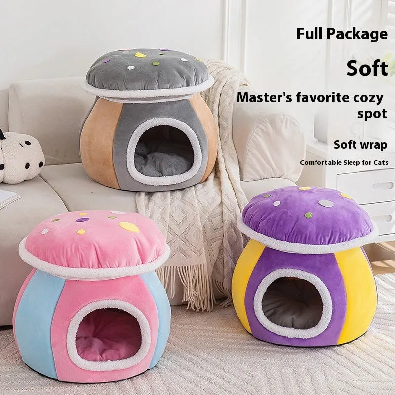 Mushroom-shaped grey plush cat bed with enclosed nest design.