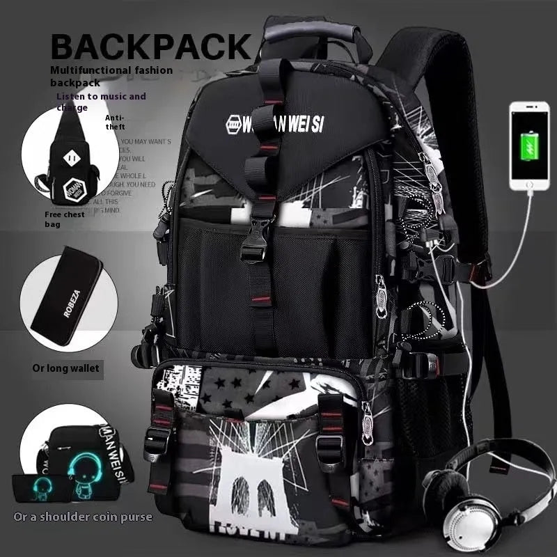 Men's large waterproof hiking backpack in Oxford cloth with multiple colour options including camouflage.