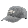 Adjustable peak cap with embroidered letters in distressed retro style, showing conical crown and 7cm brim