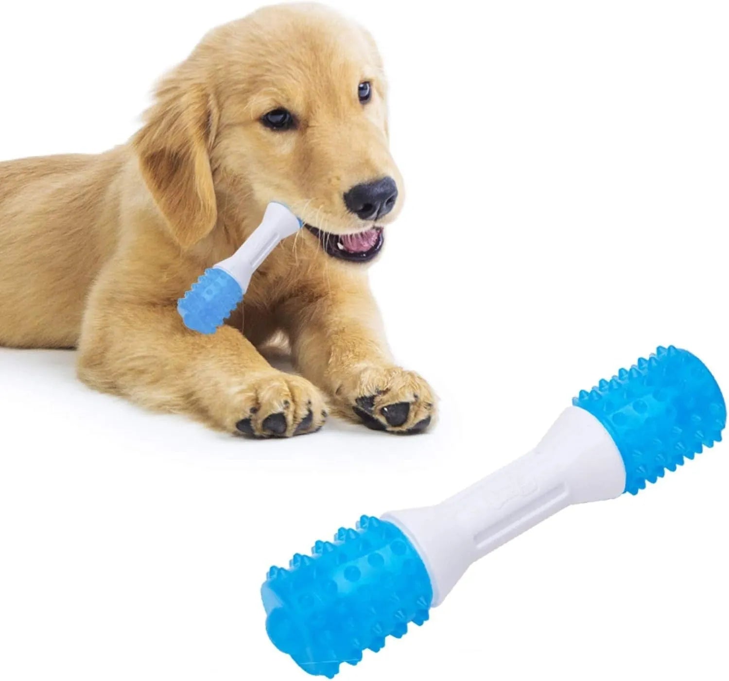 Dual-colour TPR rubber puppy teething chew toy in small, medium, and large sizes.