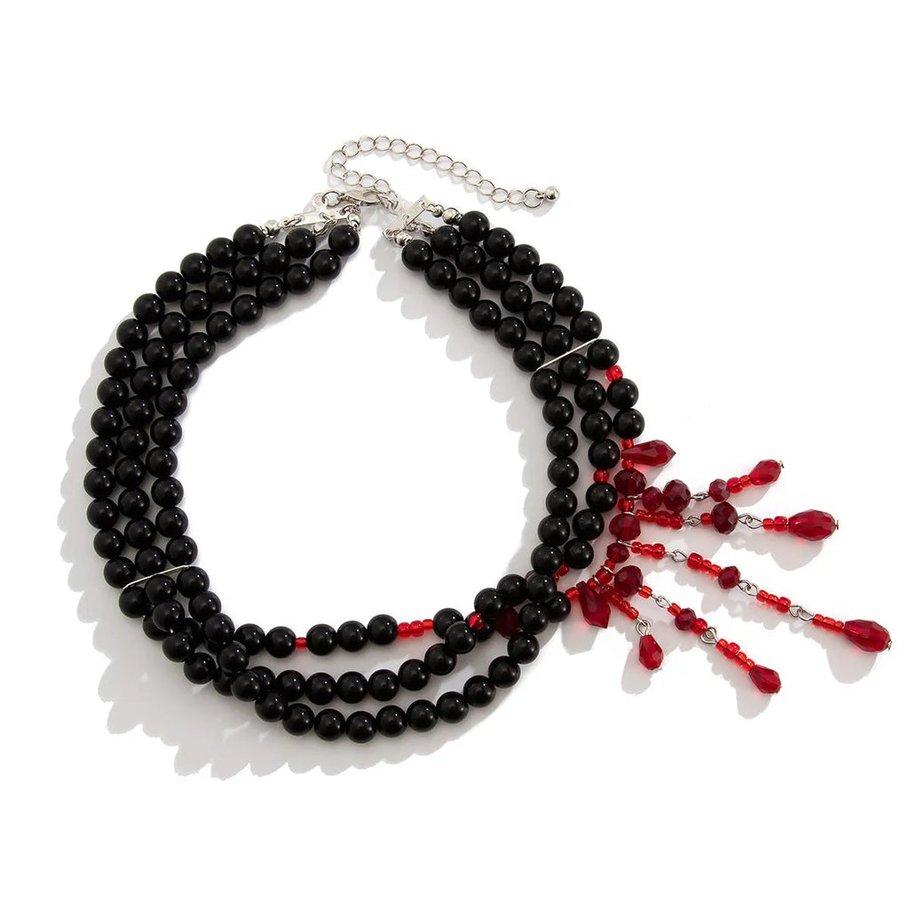Halloween blood drop tassel pearl crystal men's necklace with geometric pendant in red and black