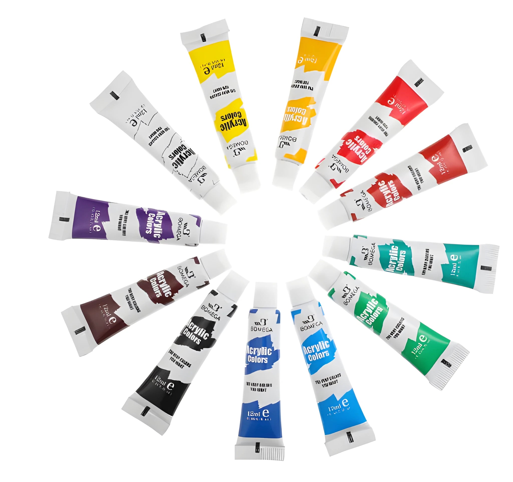 Set of artist paint tubes for acrylic, gouache, watercolour, and oil painting, each in 12 colours.