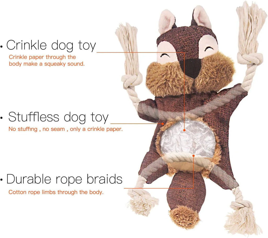 Brown fox-shaped plush dog toy with cotton rope arms and legs and embroidered eyes