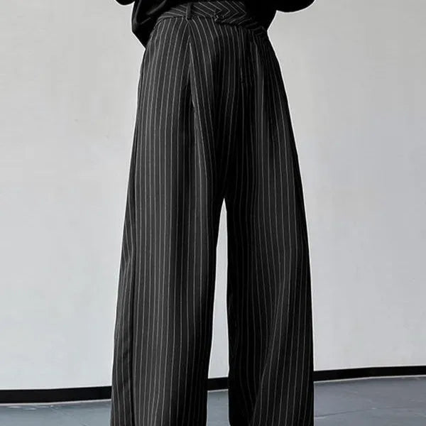 Black men's trousers with vertical stripes and pleated design detail