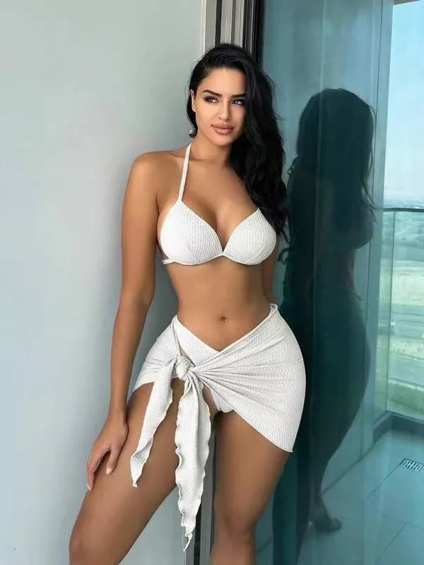 Women's black three-piece swimsuit set with Russian split design, showing top, skirt, and panties