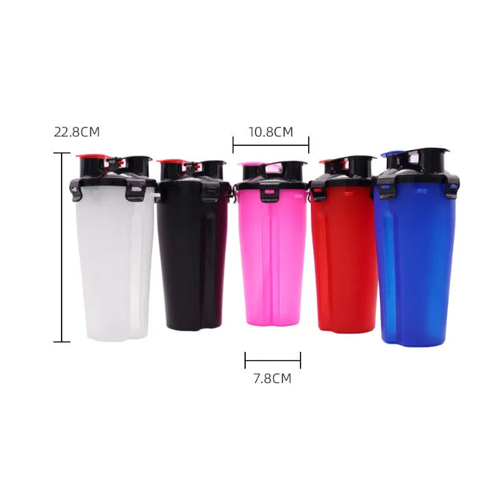 Portable 2-in-1 pet water cup in white, with 350ml water bottle and food container, 23cm height, PP material