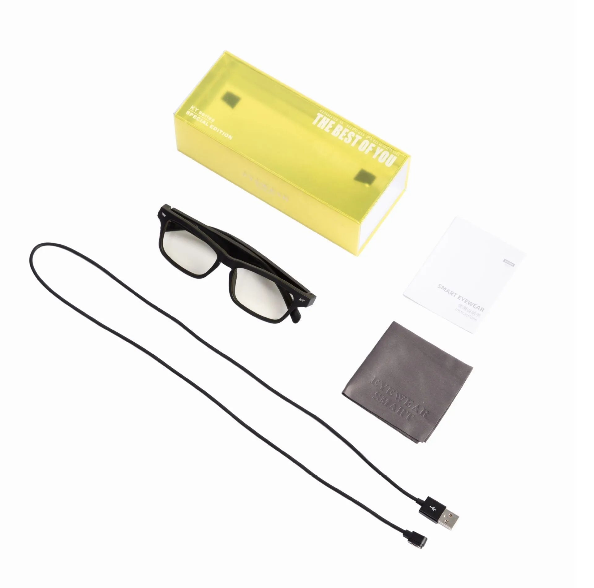 Smart glasses with tinted lenses and open-ear Bluetooth speakers on the temples.