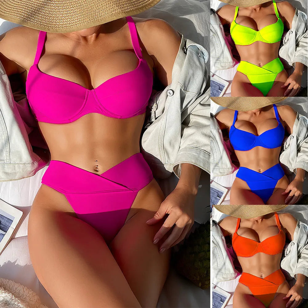 Women's solid colour sleeveless bikini swimsuit set with bra and briefs on a mannequin