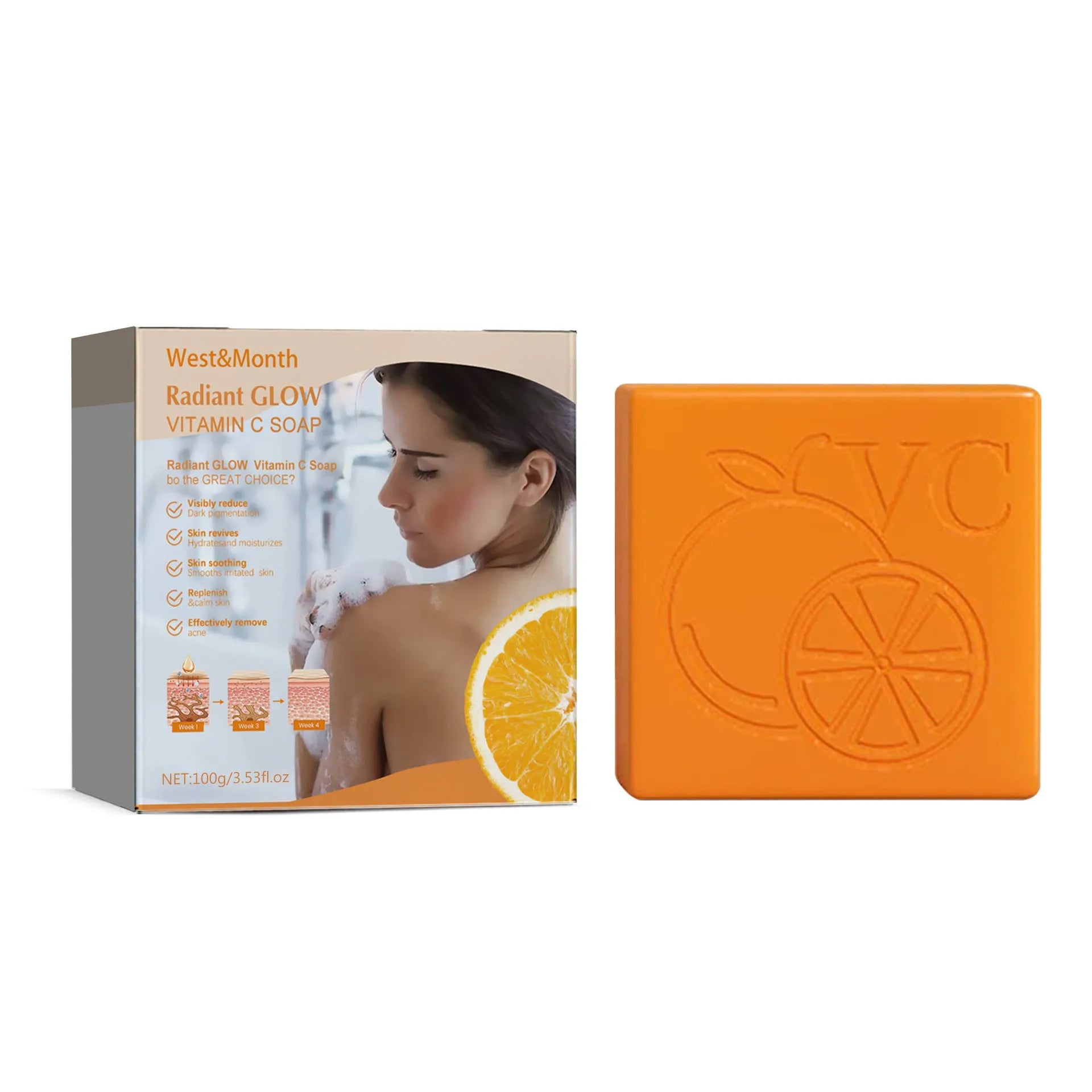 100g whitening vitamin soap bar with kojic acid and hyaluronic acid on a clean background