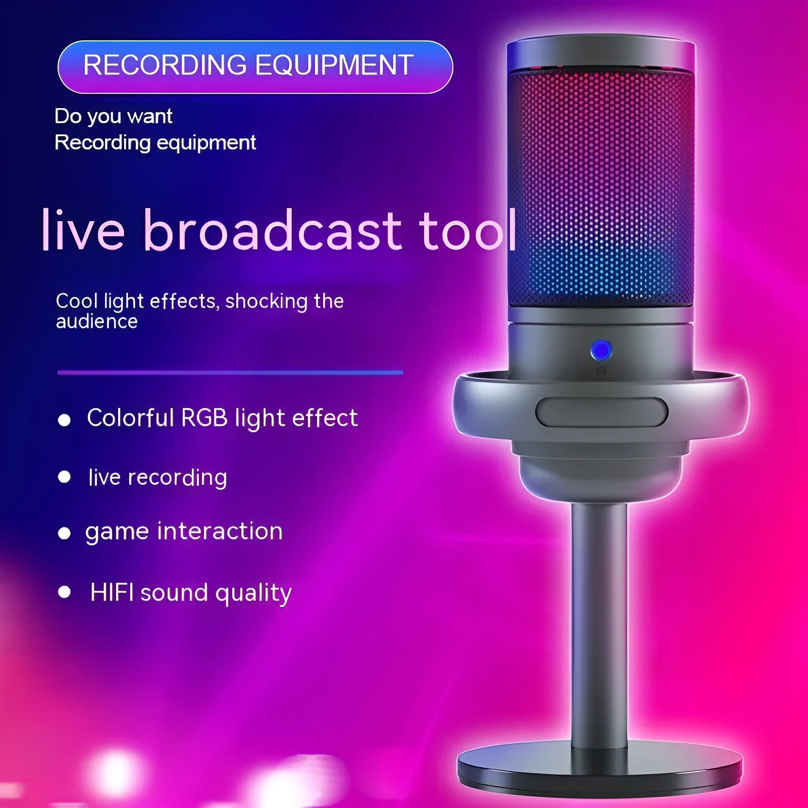 RGB condenser USB microphone for computer recording and live streaming