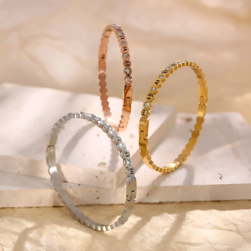 Titanium steel Korean style bracelet with digital number charm in gold electroplated finish