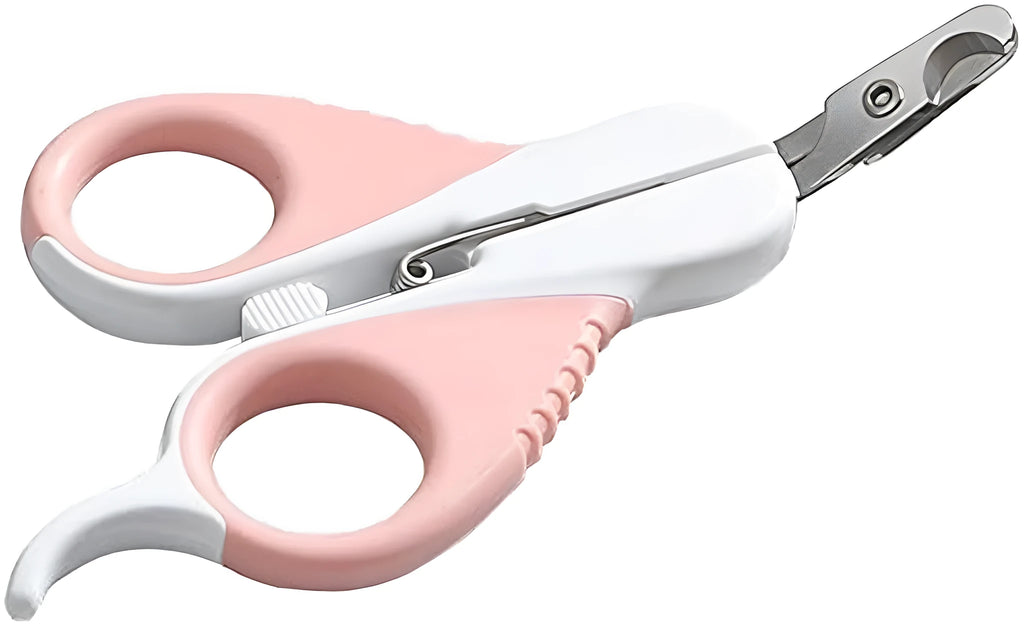 Grey and pink cat nail clippers with angled blade and safety guard on a table.