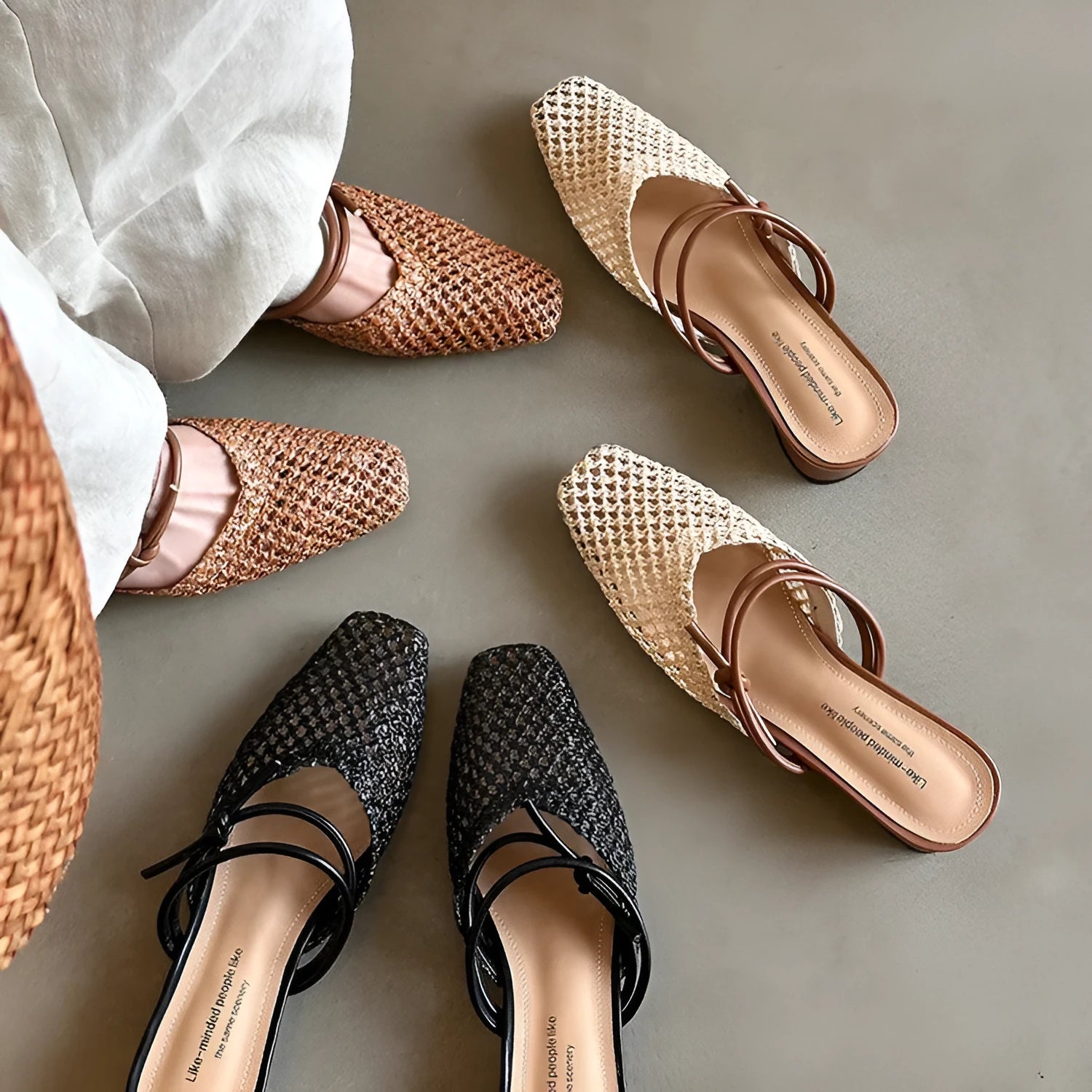 Women's square toe chunky heel slippers in beige colour with hollow-out upper, side view
