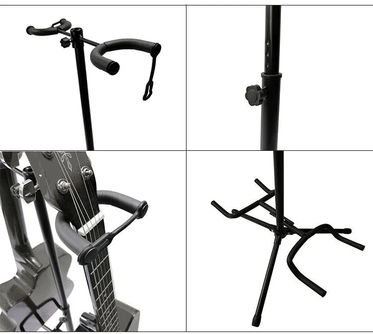 Black vertical double-headed adjustable guitar stand with foam padding on contact points