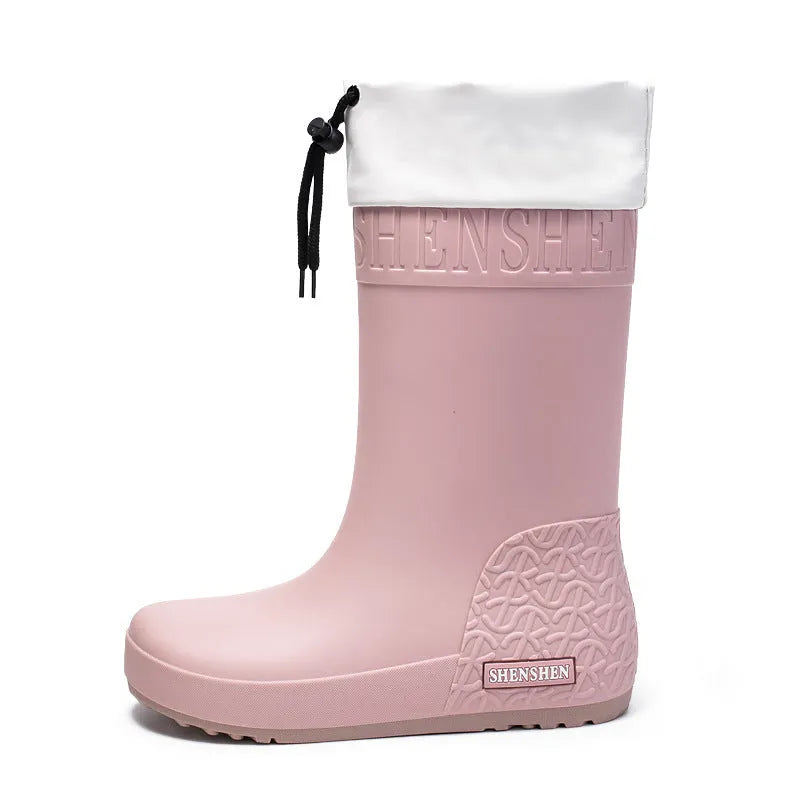 Women's non-slip wear-resistant rain boots in solid colour with PVC upper, available in apricot