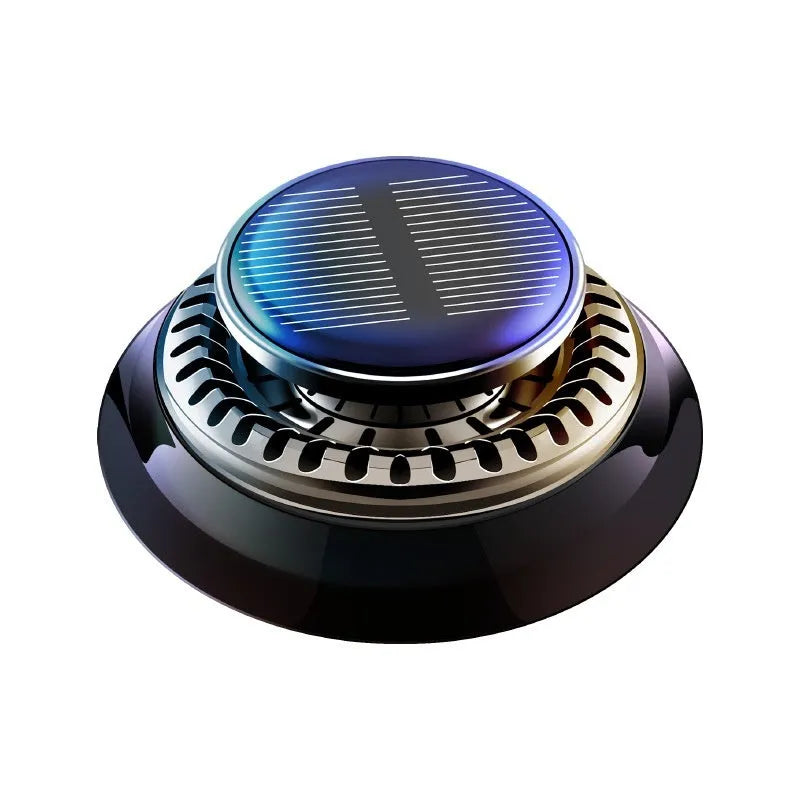 Solar powered double ring rotating car air freshener in Black Ocean colour placed on car dashboard