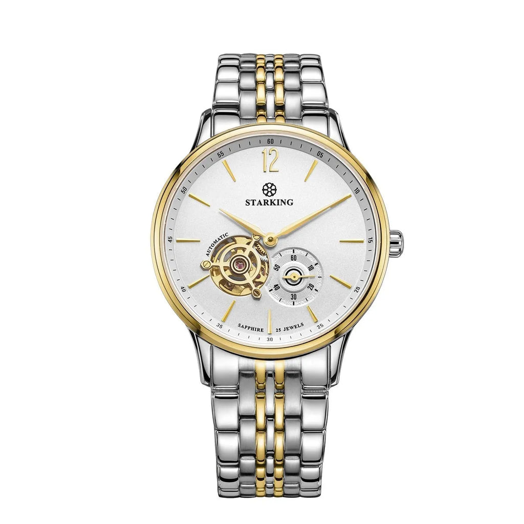 Automatic mechanical business men's watch with circular dial, sapphire crystal glass, and genuine leather strap
