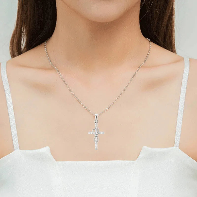 Alloy cross pendant necklace with diamond detail, adjustable chain, gold colour, unisex design