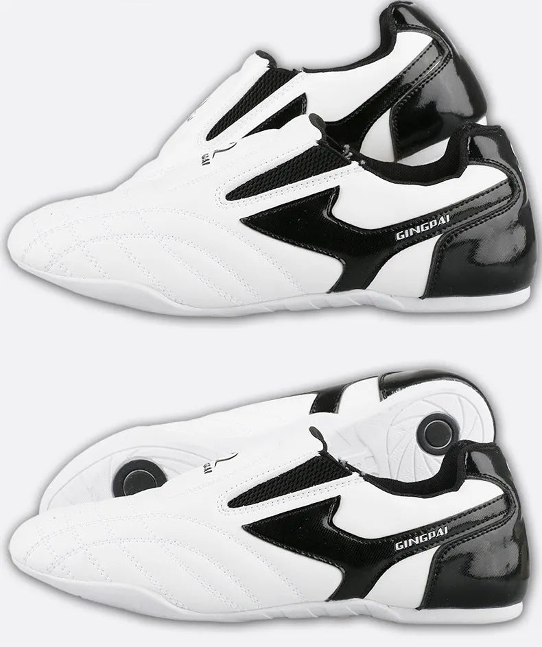 Children's black and white Taekwondo shoes with soft bottom and widened PU leather upper for training