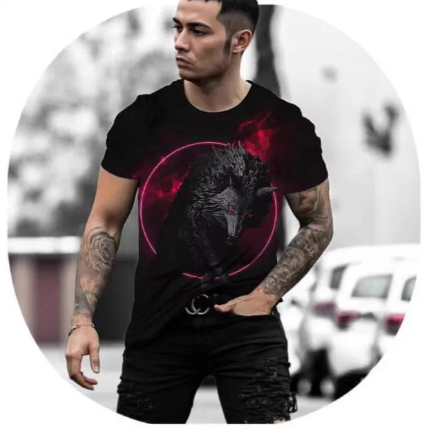 Retro 3D animal print on a men's short-sleeved grey t-shirt made of thin polyester fabric.