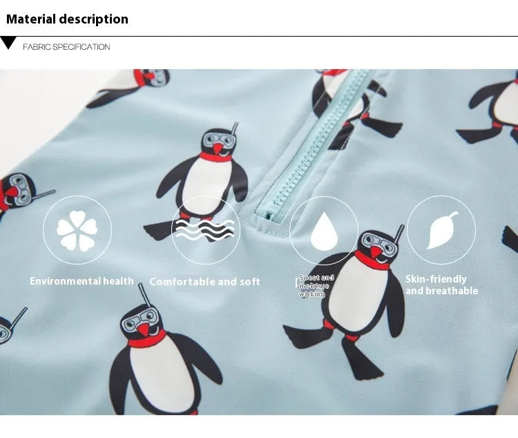 Boys' long-sleeve penguin print swimsuit set with matching swimming cap on mannequin